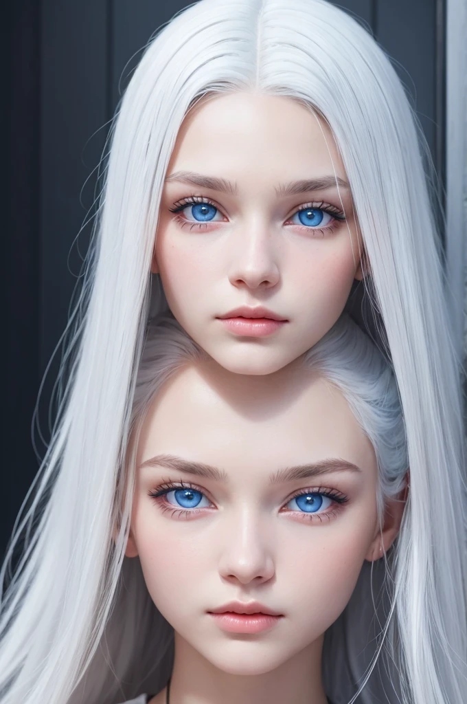 18-year-old woman with straight white hair and blue eyes with a face that is as realistic as possible