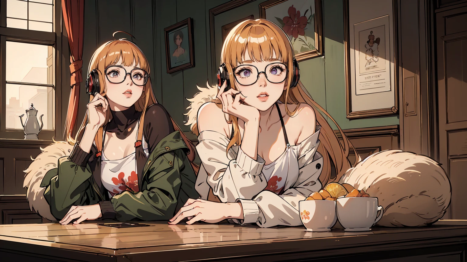 masutepiece, Best Quality, hight resolution, 1girl in, futaba sakura, Blunt bangs, eye glassesの, Burakku Frame Eyewear, Ahoge,orange color hair、  purple eyes、 eye glassesの, headphones, bura, Jacket, off shoulders, Fur trim, fur-trimmed jacket, Green jacket, Shorts, ,the golden hour,A smile that showed teeth、1black cat、tea shop、On the counter、Coffee、futaba sakura、Purple eyes、orange color hair、eye glasses、,​masterpiece、top-quality、Official art、illustratio、ligne claire、(Cool_Farbe)、perfect-composition、focal、acurate, Anatomically correct、 、hight resolution, Beautiful detailed glow, masutepiece*Portrait, 3D Face, Realistic, (masutepiece: 1.3), (max resolution: 1.2), (Ultra HDTV: 1.2), cinematric light, 8K resolution, phi ,​masterpiece、top-quality、Ultra Detail、(((shiny lips: 1.4)))Beautiful face, acurate, Anatomically correct, phiAlways detailed face and skin texture, Detailed eyes, Double eyelids, tThin eyebrows、 pale skin, Lustrous skin all over the body, Perfect face,Always detailed face and skin texture, Detailed eyes, Double eyelids, Thin eyebrows,Natural cheeks, Glossy skin, Fair skin: 1.2, (Glossy lips: 1.4), (((The most beautiful girl)))、(((beautiful a girl)))、（little blush）、（Beautiful face）、 Delicate and beautiful hair, Delicate and beautiful eyes and face, (Beautiful gorgeous cute western woman:1.3),)(((Very Beautiful face))))(((long lashes))))(((Circular twinkling eyes)))(((Glossy and glossy lips))) (((Cheeks with a slight reddish tinge:0.8)))(((Neat and straight nose bridge)))、(((Cowboy Shot)))crouching cowgirl,