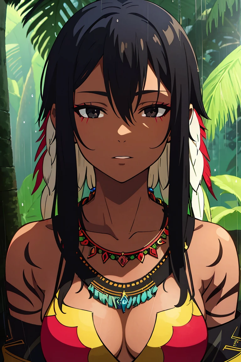 20 years old tribal girl, dark skin, short black hair adorned with multiple colors feathers , black eyes, tribal outfit,bracelets and necklace showing connection with nature, tribal tattoos,  in rain forest brazil, portrait. 