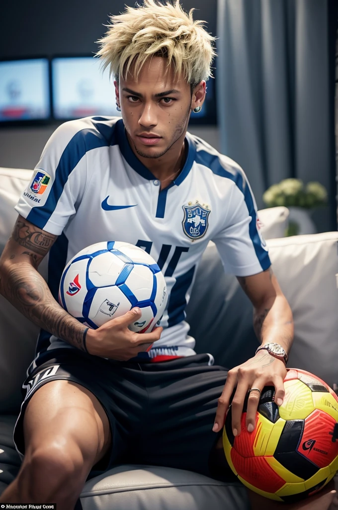 Neymar with a soccer ball in his hand playing video games