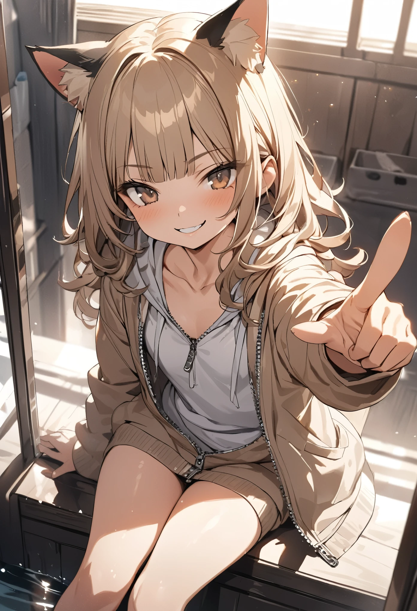 ((Masterpiece)), ((best quality)), (Anime:1.3), (super detail:1.2),(High Definition:1.3), (Professional Photography:1.2), (wide shot), (sharp focus), (perfect light), (()), from above, (morning), messy medium hair, Beautiful collarbone, (cute hoodie with zipper), white tanktop, (Healthy slim body), (loose blunt bangs), Slender body, glossy skin, (smirk), open mouth, ((Beautiful brown eyes)), Textured skin, (Cat ears), Pale brown hair, Cute Beautiful Girl, (slightly exposed small chest), BREAK, ((best quality)), ((pointing forward with hand)), sitting on the Mirror-reflected shallows, (sharp focus), perfect hands, (perfect light),