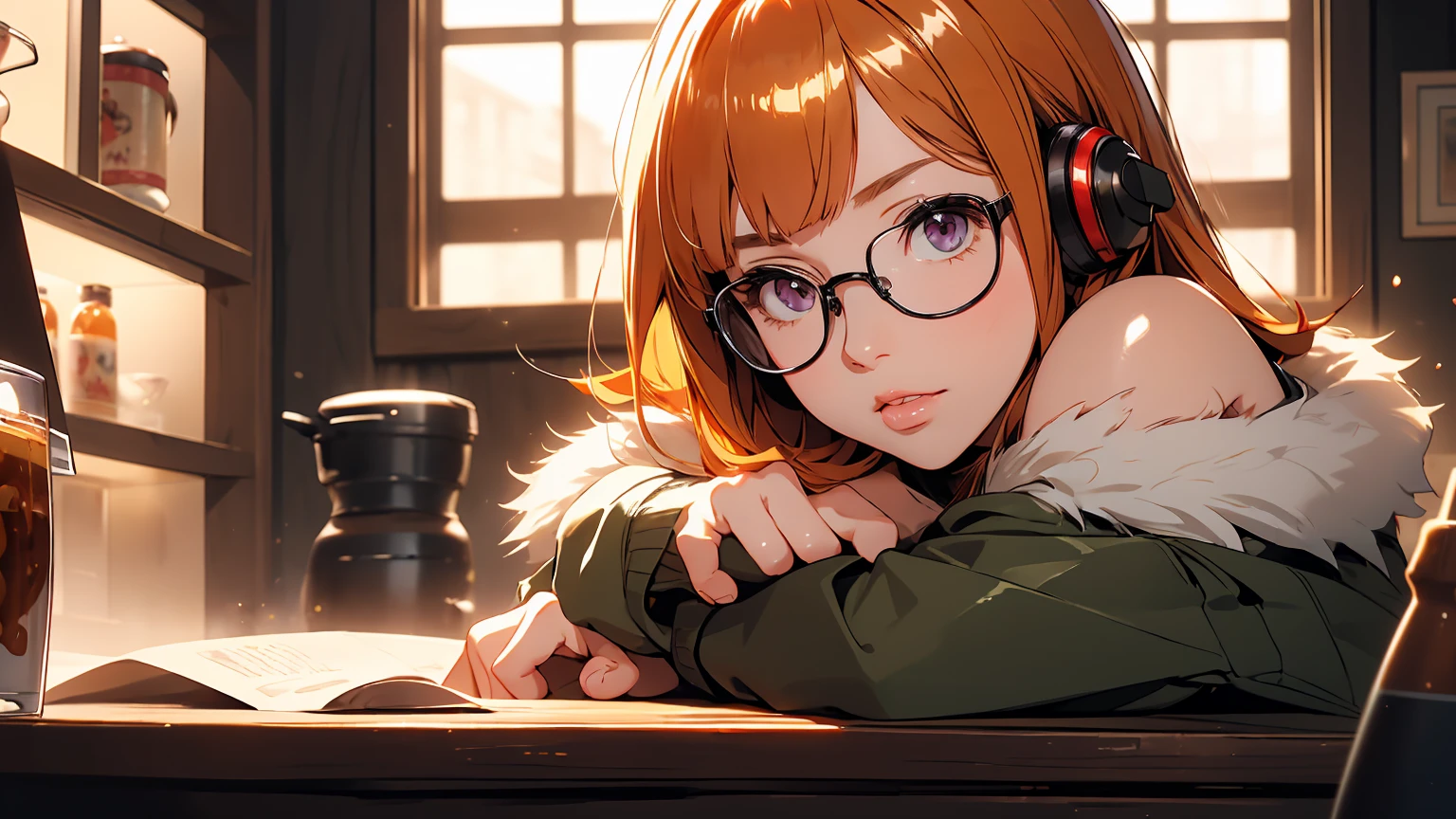 masutepiece, Best Quality, hight resolution, 1girl in, futaba sakura, Blunt bangs, eye glassesの, Burakku Frame Eyewear, Ahoge,orange color hair、 purple eyes、 eye glassesの, headphones, bura, Jacket, off shoulders, Fur trim, fur-trimmed jacket, Green jacket, Shorts, ,the golden hour,A smile that showed teeth、1black cat、tea shop、On the counter、Coffee、futaba sakura、Purple eyes、orange color hair、eye glasses、,masterpiece、top-quality、Official art、illustratio、ligne claire、(Cool_Farbe)、perfect-composition、focal、acurate, Anatomically correct、 、hight resolution, Beautiful detailed glow, masutepiece*Portrait, 3D Face, Realistic, (masutepiece: 1.3), (max resolution: 1.2), (Ultra HDTV: 1.2), cinematric light, 8K resolution, phi ,masterpiece、top-quality、Ultra Detail、(((shiny lips: 1.4)))Beautiful face, acurate, Anatomically correct, phiAlways detailed face and skin texture, Detailed eyes, Double eyelids, tThin eyebrows、 pale skin, Lustrous skin all over the body, Perfect face,Always detailed face and skin texture, Detailed eyes, Double eyelids, Thin eyebrows,Natural cheeks, Glossy skin, Fair skin: 1.2, (Glossy lips: 1.4), (((The most beautiful girl)))、(((beautiful a girl)))、(little blush)、(Beautiful face)、 Delicate and beautiful hair, Delicate and beautiful eyes and face, (Beautiful gorgeous cute western woman:1.3),)(((Very Beautiful face))))(((long lashes))))(((Circular twinkling eyes)))(((Glossy and glossy lips))) (((Cheeks with a slight reddish tinge:0.8)))(((Neat and straight nose bridge)))、(((Cowboy Shot)))crouching cowgirl,
