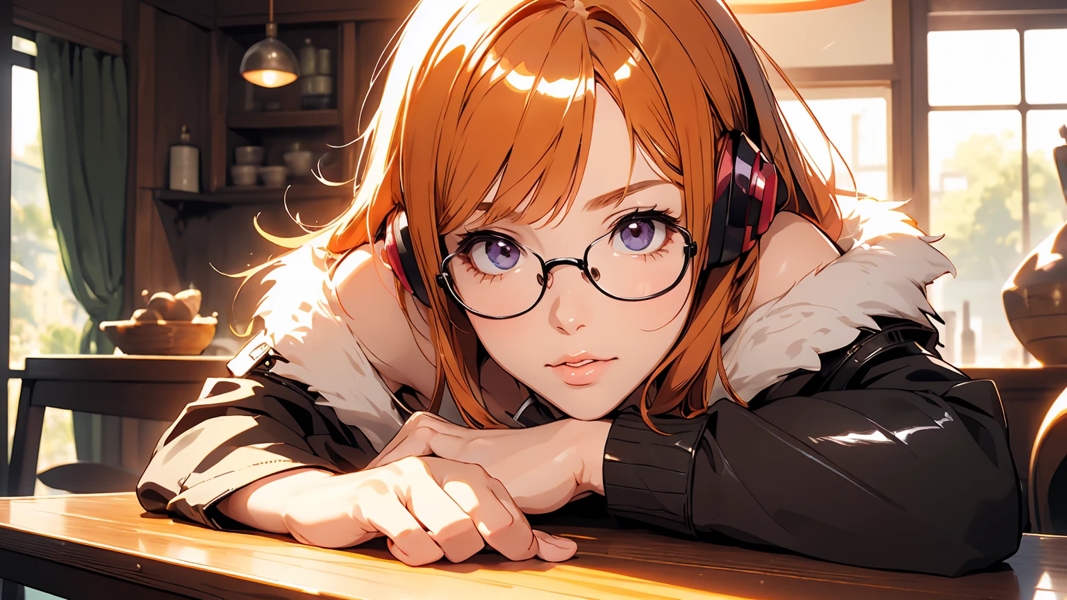 masutepiece, Best Quality, hight resolution, 1girl in, futaba sakura, Blunt bangs, eye glassesの, Burakku Frame Eyewear, Ahoge,orange color hair、 purple eyes、 eye glassesの, headphones, bura, Jacket, off shoulders, Fur trim, fur-trimmed jacket, Green jacket, Shorts, ,the golden hour,A smile that showed teeth、1black cat、tea shop、On the counter、Coffee、futaba sakura、Purple eyes、orange color hair、eye glasses、,masterpiece、top-quality、Official art、illustratio、ligne claire、(Cool_Farbe)、perfect-composition、focal、acurate, Anatomically correct、 、hight resolution, Beautiful detailed glow, masutepiece*Portrait, 3D Face, Realistic, (masutepiece: 1.3), (max resolution: 1.2), (Ultra HDTV: 1.2), cinematric light, 8K resolution, phi ,masterpiece、top-quality、Ultra Detail、(((shiny lips: 1.4)))Beautiful face, acurate, Anatomically correct, phiAlways detailed face and skin texture, Detailed eyes, Double eyelids, tThin eyebrows、 pale skin, Lustrous skin all over the body, Perfect face,Always detailed face and skin texture, Detailed eyes, Double eyelids, Thin eyebrows,Natural cheeks, Glossy skin, Fair skin: 1.2, (Glossy lips: 1.4), (((The most beautiful girl)))、(((beautiful a girl)))、(little blush)、(Beautiful face)、 Delicate and beautiful hair, Delicate and beautiful eyes and face, (Beautiful gorgeous cute western woman:1.3),)(((Very Beautiful face))))(((long lashes))))(((Circular twinkling eyes)))(((Glossy and glossy lips))) (((Cheeks with a slight reddish tinge:0.8)))(((Neat and straight nose bridge)))、(((Cowboy Shot)))crouching cowgirl,