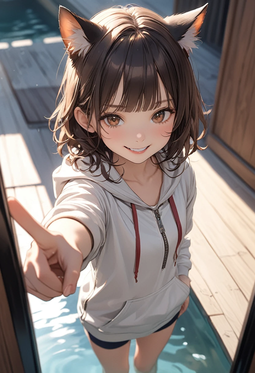 ((Masterpiece)), ((best quality)), (Anime:1.3), (super detail:1.2),(High Definition:1.3), (Professional Photography:1.2), (wide shot), (sharp focus), (perfect light), (()), from above, (morning), messy medium hair, Beautiful collarbone, (cute hoodie with zipper), white tanktop, (Healthy slim body), (loose blunt bangs), Slender body, glossy skin, (smirk), open mouth, ((Beautiful brown eyes)), Textured skin, (Cat ears), Pale brown hair, Cute Beautiful Girl, (slightly exposed small chest), BREAK, ((best quality)), ((pointing forward with hand)), sitting on the Mirror-reflected shallows, (sharp focus), perfect hands, (perfect light),