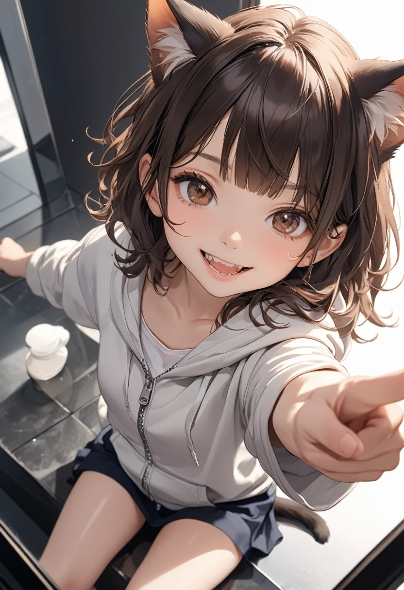 ((Masterpiece)), ((best quality)), (Anime:1.3), (super detail:1.2),(High Definition:1.3), (Professional Photography:1.2), (wide shot), (sharp focus), (perfect light), ((12 years old)), from above, (morning), messy medium hair, Beautiful collarbone, (cute hoodie with zipper), white tanktop, (Healthy slim body), (loose blunt bangs), Slender body, glossy skin, (smirk), open mouth, ((Beautiful brown eyes)), Textured skin, (Cat ears), Pale brown hair, Cute Beautiful Girl, (slightly exposed small chest), BREAK, ((best quality)), ((pointing forward with hand)), sitting on the Mirror-reflected shallows, (sharp focus), perfect hands, (perfect light),