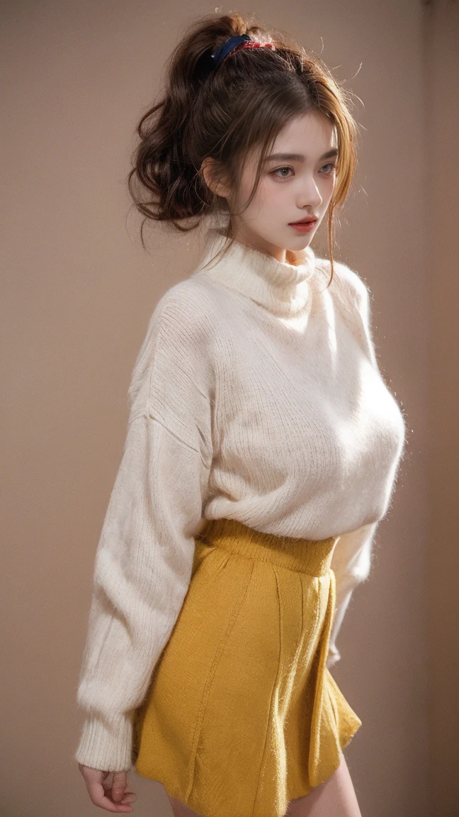 21yo girl,brown hair,ponytail hair, (wearing big red sweater),(wearing yellow skirt), natural medium breast, plump body,single sidelock hairpin blush modern cinematic lighting,ray tracing,drop shadow wide shot UHD,textured skin,high details,best quality 4K