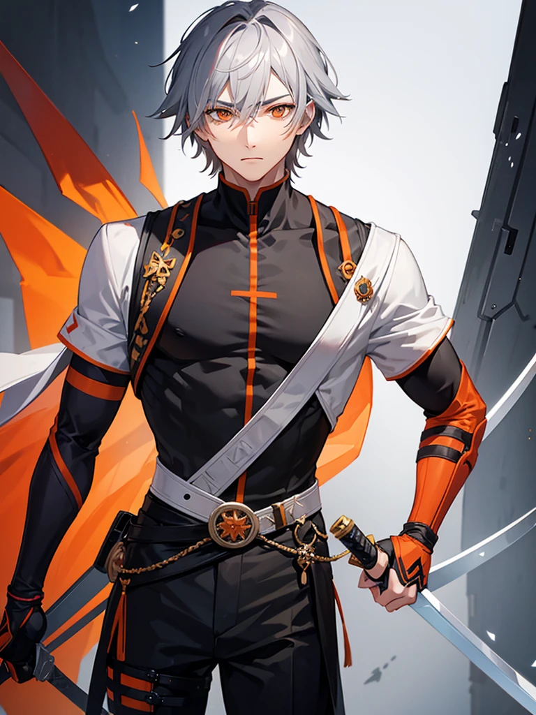 Male character gray hair and orange eyes and black clothes and swords 