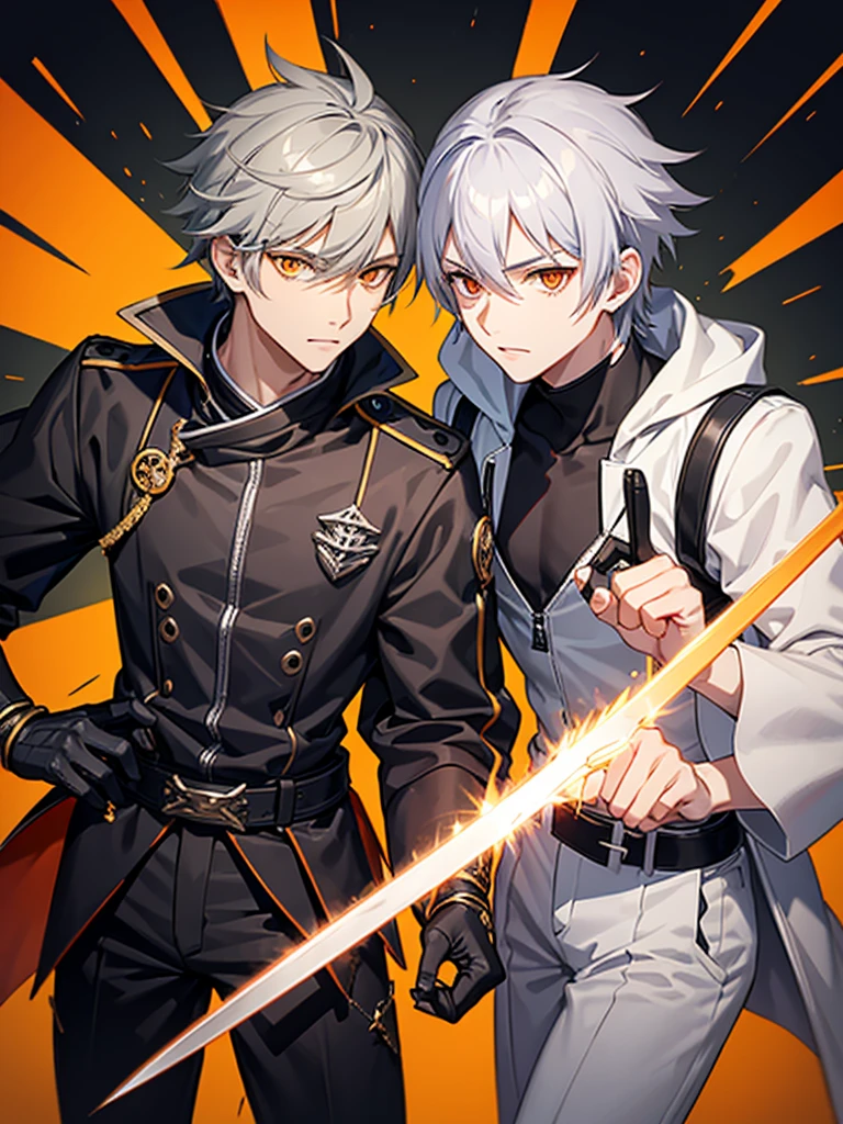 Male character gray hair and orange eyes and black clothes and swords