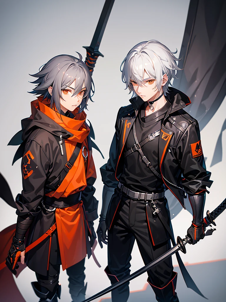 Male character gray hair and orange eyes and black clothes and swords