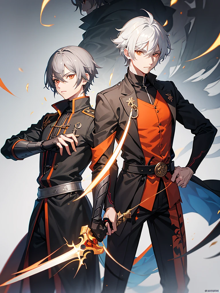 Male character gray hair and orange eyes and black clothes and swords