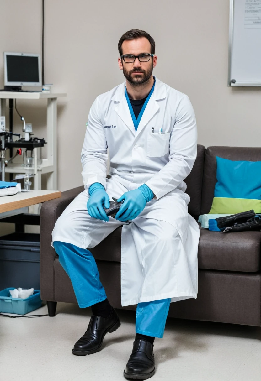 RAW photo, full body, a 35-year-old man, ((dressed as a lab technician)), is sitting on a guest sofa, looking towards the audience, wearing shoes, with both hands forward on his knees, straight forward position, wearing laboratory gloves, laboratory glasses, holding laboratory tools in his hands,