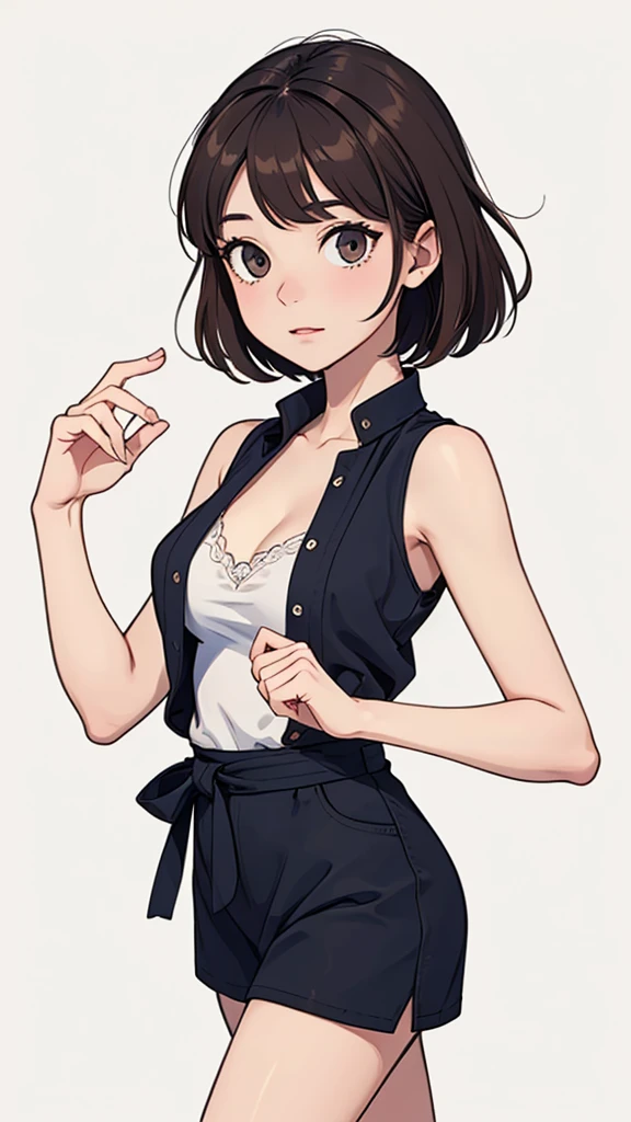 (((masterpiece, best quality, ultra highres, 1 girl, solo, no background))), super detailed skin and face and eyes and finger, beautiful japanese woman, small breasts:1.5, skinny, light brown hair, white background, very short pixie hair, (an illustration of girl), Knee shot, Generate with illustrations, Various expressions, Various poses, Various Costumes, Please draw the entire character within the frame, ensuring that the head, arms, and legs are not cut off. The background should be simple, with the character positioned centrally, outline,
