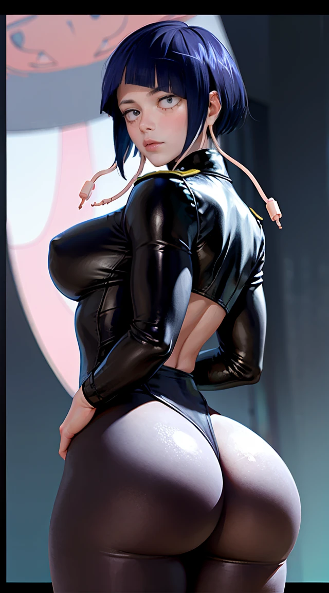 Portrait of a gothic girl from behind, shot in the ass, ass on display, huge ass, gothic anime girl, soft and smooth skin, Fantastic big eyes, beautiful intricately colored hair, symmetrical, short hair, defined abs, muscular, anime wide eyes, pretty eyes, soft lighting, detailed face, latex clothing, by Makoto Shinkai, Stanley Ateg Liu, esputo de phlegm, phlegm, rossdraws, conceptual art, digital paint, looking at the camera, 1 girl,full bodyesbian,Sexy servant, massive , muscular, defined abs