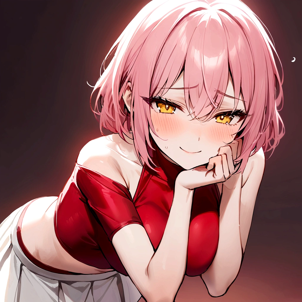 make me a female, 25 years old, pink short hair, yellow eyes, shy smile, revealing red tight shirt and short white skirt
