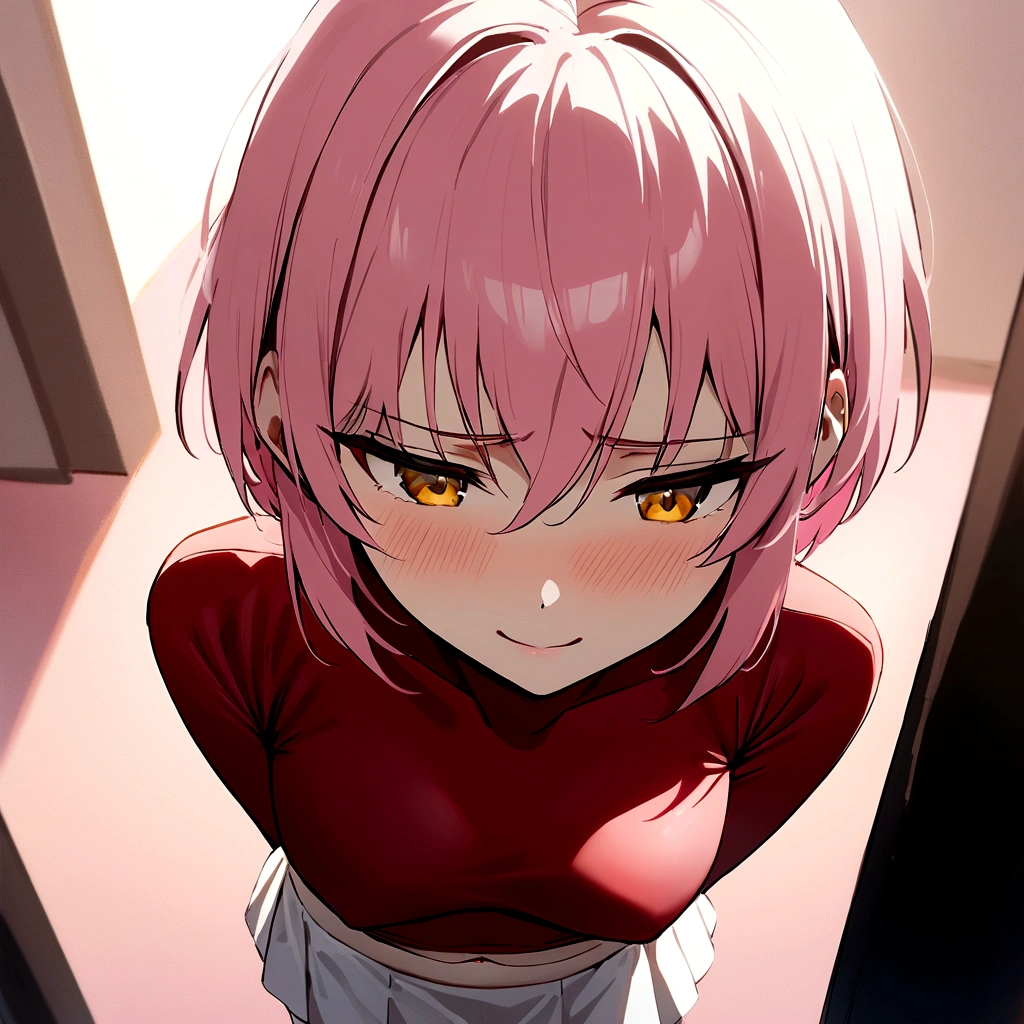 make me a female, 25 years old, pink short hair, yellow eyes, shy smile, revealing red tight shirt and short white skirt