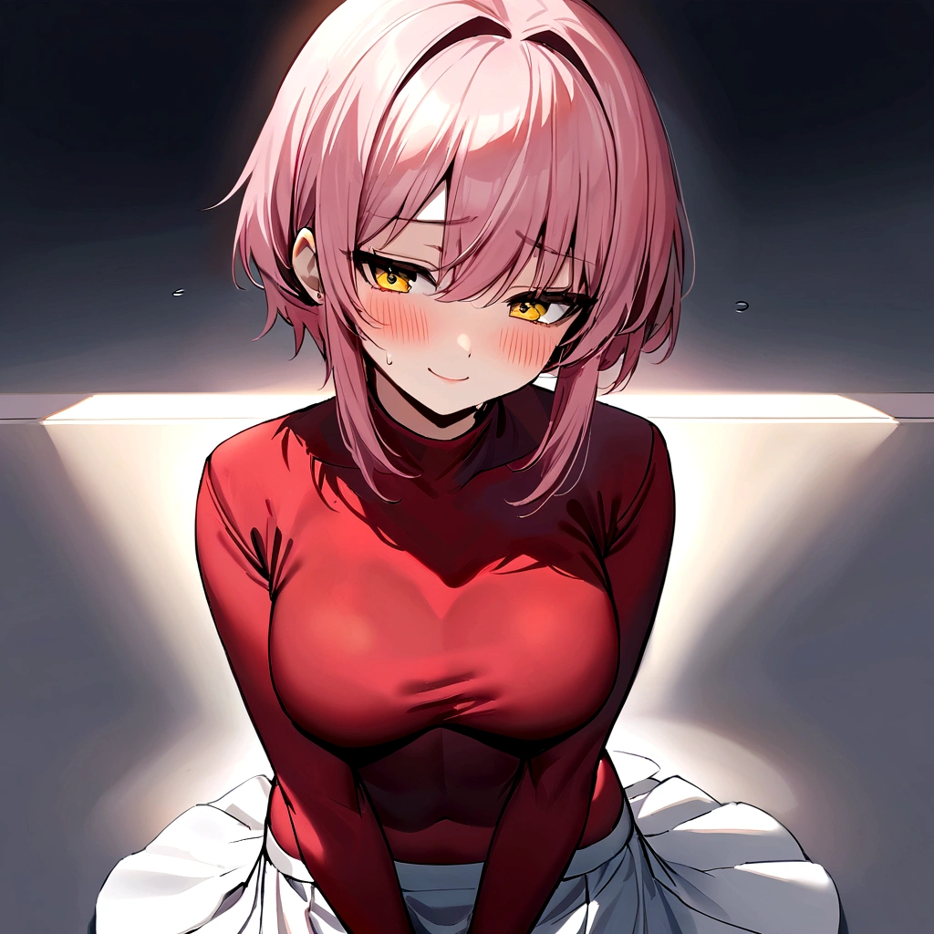 make me a female, 25 years old, pink short hair, yellow eyes, shy smile, revealing red tight shirt and short white skirt