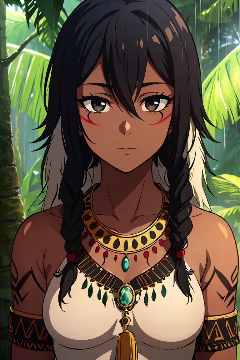 20 years old tribal girl, dark skin, short black hair adorned with multiple colors feathers , black eyes, soft smile, closed mouth,tribal outfit,bracelets and necklace showing connection with nature, tribal tattoos, in rain forest brazil, portrait.