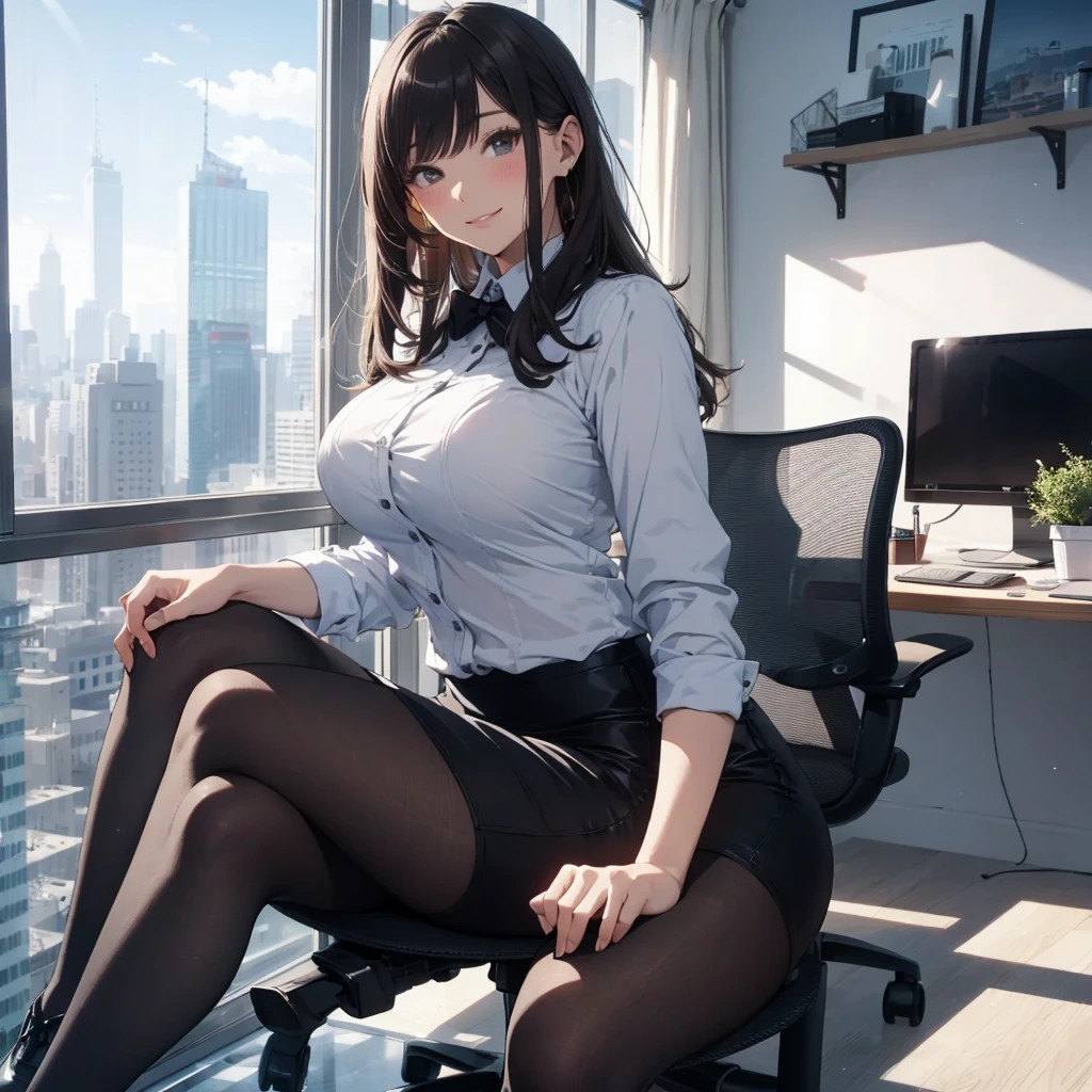 1lady sitting (crossed legs), office worker (stylish outfit), (gray vest) (pencil skirt), mature female, /(dark brown hair/) bangs, blush kind smile, (masterpiece best quality:1.2) delicate illustration ultra-detailed, large breasts, pantyhose BREAK (modern office indoors), window cityscape, detailed background