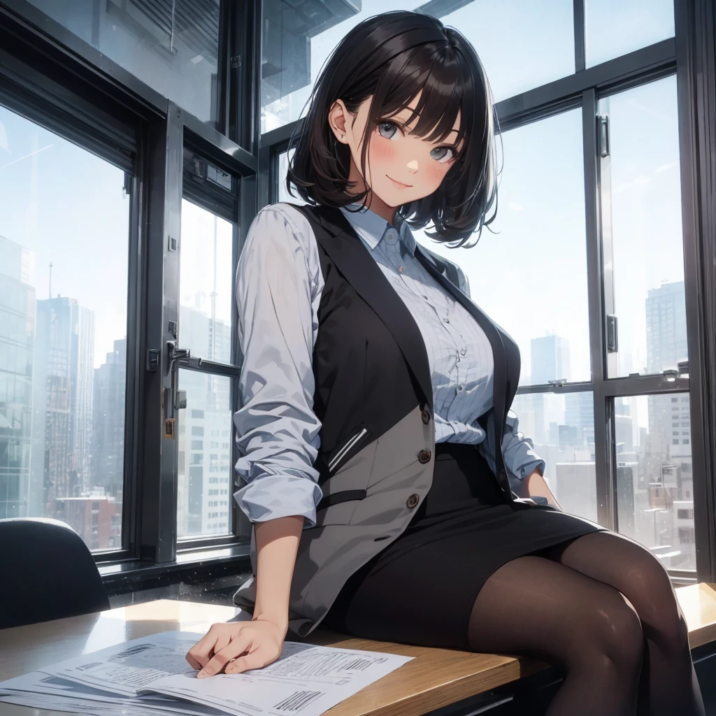 1lady sitting (crossed legs), office worker (stylish outfit), (gray vest) (pencil skirt), mature female, /(dark brown hair/) bangs, blush kind smile, (masterpiece best quality:1.2) delicate illustration ultra-detailed, large breasts, pantyhose BREAK (modern office indoors), window cityscape, detailed background