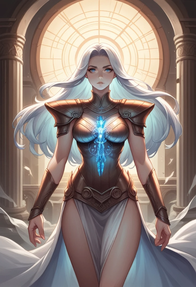 photorealistic image of a Final Fantasy-inspired girl. She should have long, flowing silver hair that glimmers in the light, and striking, bright blue eyes with a hint of mystical energy. Her outfit should be a blend of fantasy and futuristic styles, featuring intricate armor with glowing runes, delicate lace, and flowing fabrics. She wields a beautifully crafted, ornate sword with a glowing crystal embedded in the hilt. The background should be an epic, fantastical landscape with towering crystal formations, ancient ruins, and a magical sky filled with auroras and floating islands. Her expression should convey strength, determination, and a hint of mystery