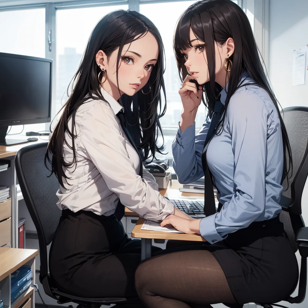 absurderes:2.0、 from side:1.3, (best quality), (intricate detailed), (Hyperrealistic), Front Light、highly detailed, detailed background, illustration, 1girl, perfect hands, detailed fingers, beautiful detailed eyes, perfect eyes, seductive eyes, milf, mature woman, brown eyes, CEO, (office clothes:1.2),pencil skirt , pantyhose, earrings, a woman in the office room, serious、sit in an office chair, Stern