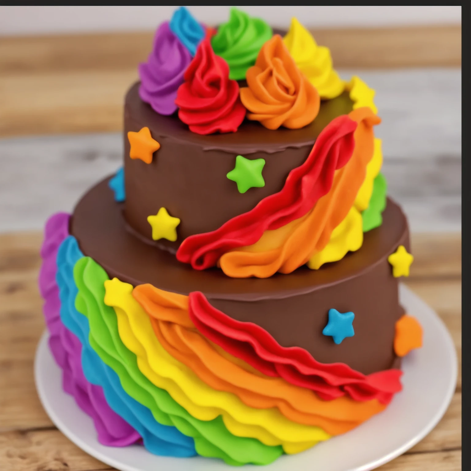on a wooden table. there is a white plate. two-tier cake, chocolate cream cake, rainbow cream in the form of ruffles, decorated with rainbow stars made of polymer clay, multi-colored cream on top, against the background of the kitchen, Beautiful light from the window, contour light, Multiple light sources, beautiful lighting, Bright light source, bright lighting, beautiful light sources, Multiple light sources, Realistic style , realistic texture, detailed texture, A high resolution, high quality,