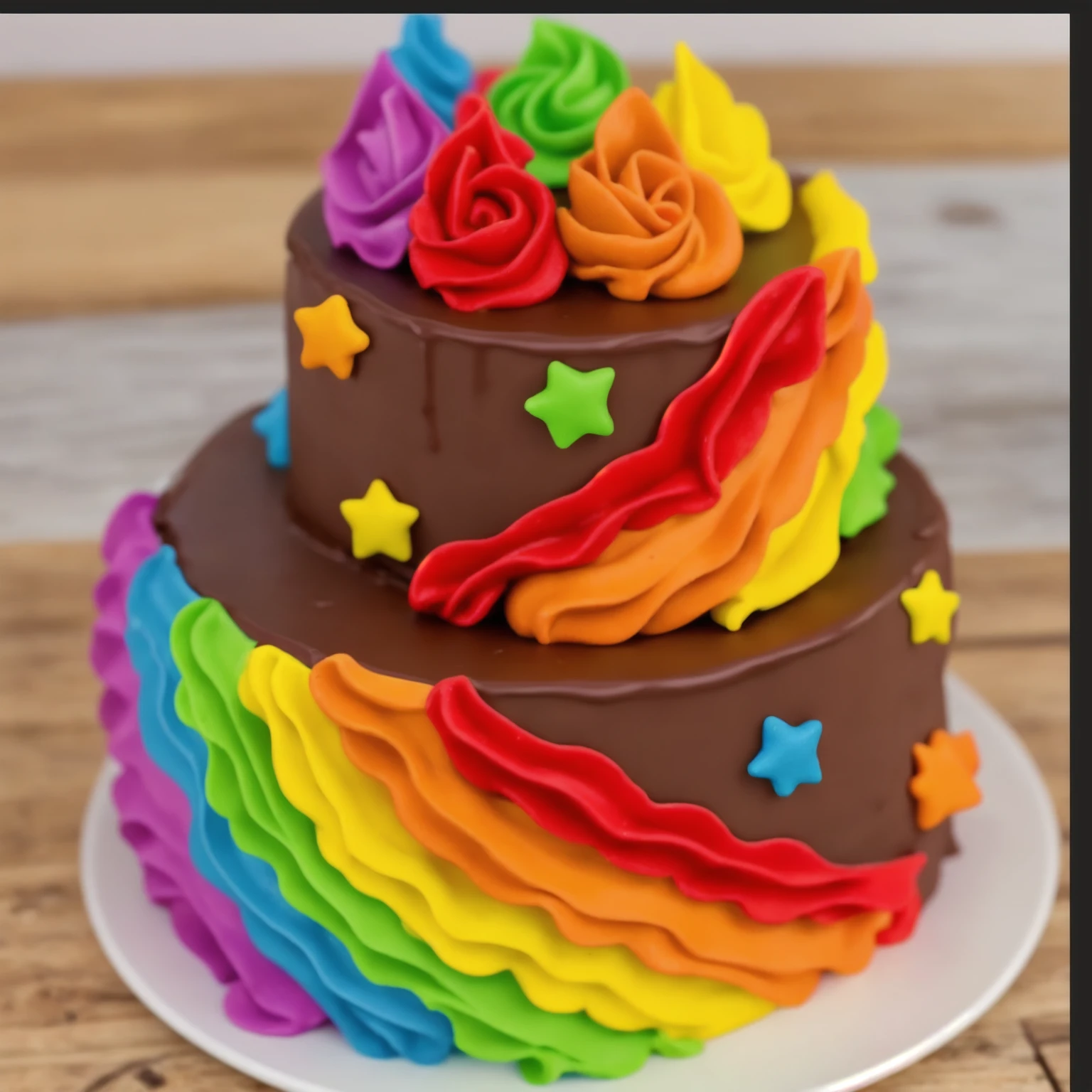 on a wooden table. there is a white plate. two-tier cake, chocolate cream cake, rainbow cream in the form of ruffles, decorated with rainbow stars made of polymer clay, multi-colored cream on top, against the background of the kitchen, Beautiful light from the window, contour light, Multiple light sources, beautiful lighting, Bright light source, bright lighting, beautiful light sources, Multiple light sources, Realistic style , realistic texture, detailed texture, A high resolution, high quality,