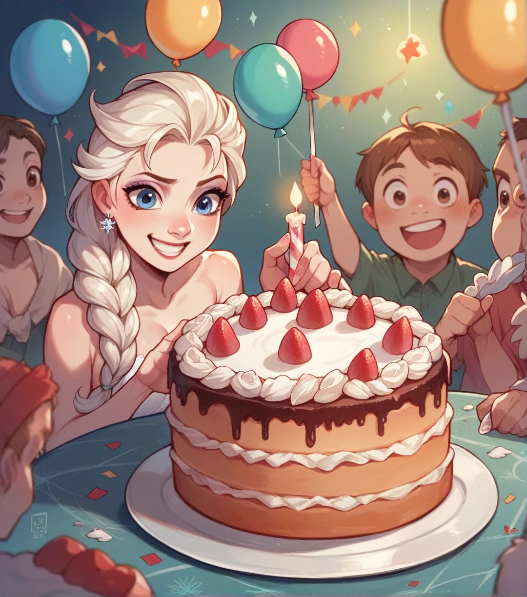 A big happy birthday party scene with 4 to 6 children, cake, candles and Elsa from Disney's Frozen in the background, celebration style, detailed description of the characters' facial structure, bright overall colors, candles on the cake, by Carlos M. Schulz