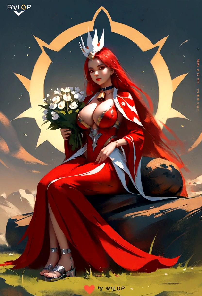 sitting straight symmetrical, sitting on grass, full body, solo girl looking to the camera, cow bell choker, metal sandals, , anime girl with red hair and red dress holding a bouquet, beautiful celestial mage, beautiful character painting, extremely detailed artgerm, beautiful and elegant human queen, wlop rossdraws, 8k high quality detailed art, fantasy art style, anime fantasy illustration, by Yang J, detailed fantasy art, fanart best artstation, wlop and rossdraws, big breast, red long hair, red dress