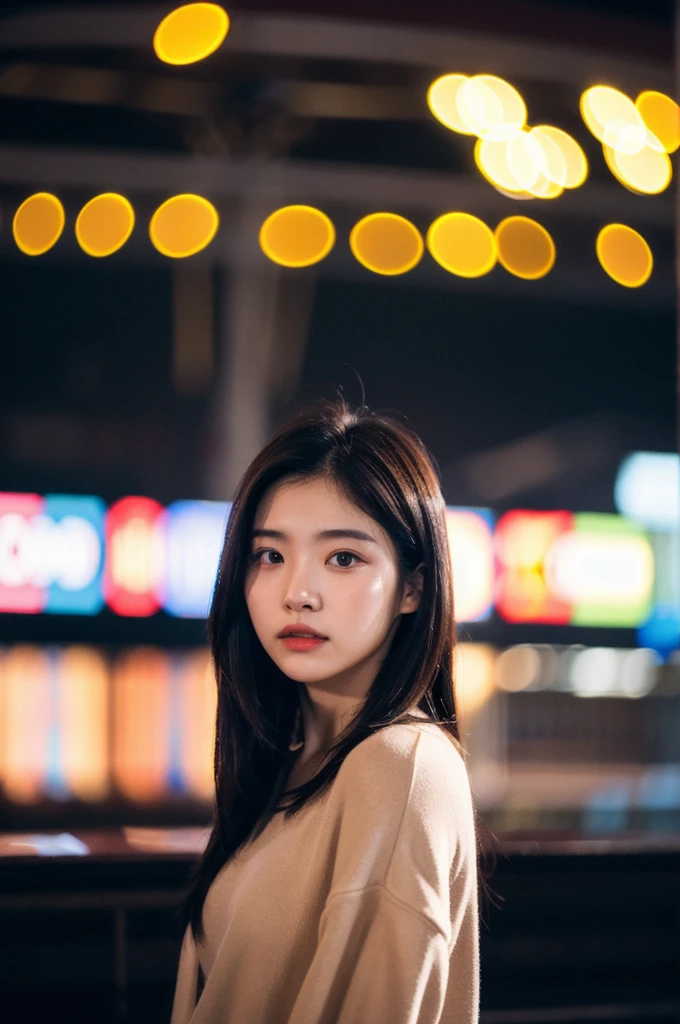 (Cinematic aesthetics:1.4) Photo of a beautiful Korean model bokeh city night