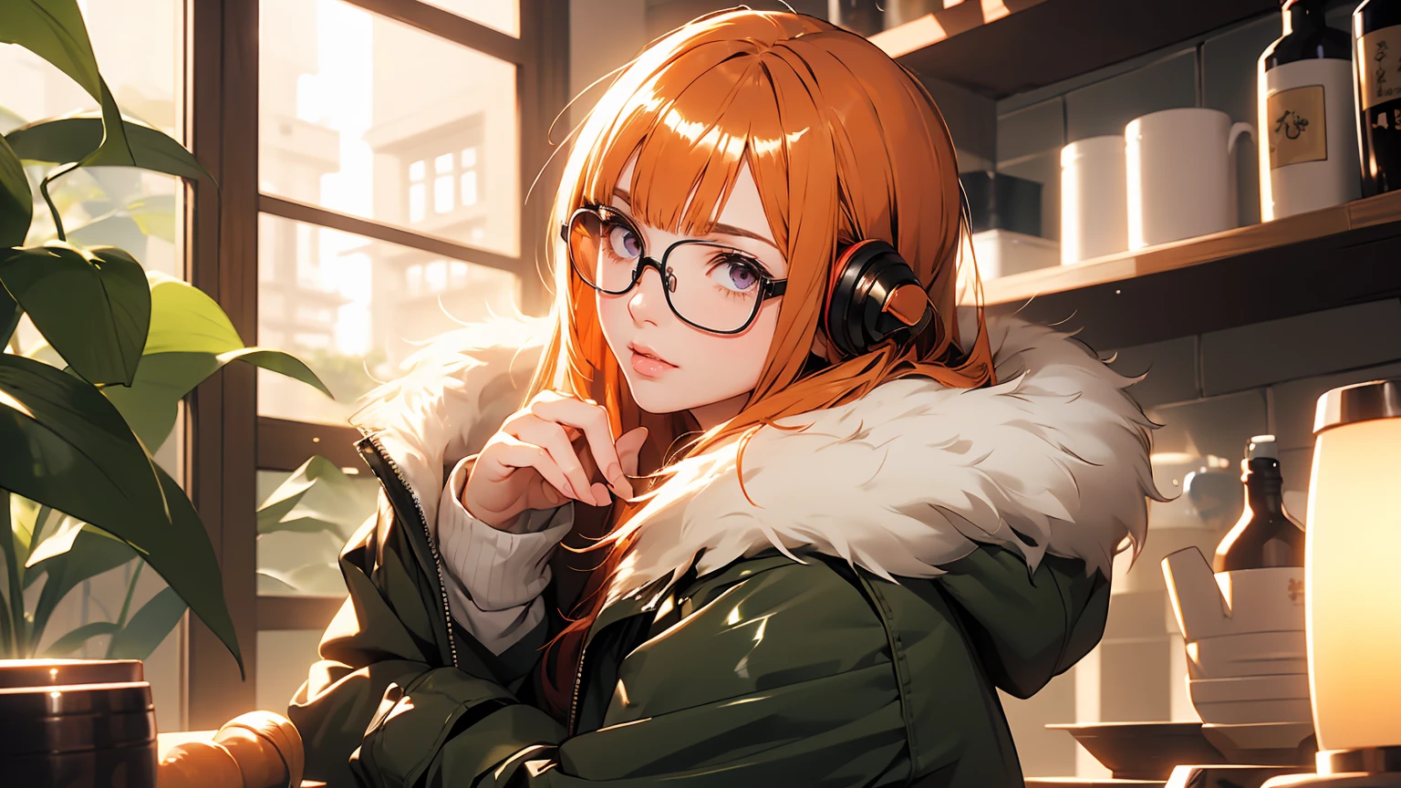 masutepiece, Best Quality, hight resolution, 1girl in, futaba sakura, Blunt bangs, eye glassesの, Burakku Frame Eyewear, Ahoge,orange color hair、  purple eyes、 eye glassesの, headphones, bura, Jacket, off shoulders, Fur trim, fur-trimmed jacket, Green jacket, Shorts, ,the golden hour,A smile that showed teeth、1black cat、tea shop、On the counter、Coffee、futaba sakura、Purple eyes、orange color hair、eye glasses、,​masterpiece、top-quality、Official art、illustratio、ligne claire、(Cool_Farbe)、perfect-composition、focal、acurate, Anatomically correct、 、hight resolution, Beautiful detailed glow, masutepiece*Portrait, 3D Face, Realistic, (masutepiece: 1.3), (max resolution: 1.2), (Ultra HDTV: 1.2), cinematric light, 8K resolution, phi ,​masterpiece、top-quality、Ultra Detail、(((shiny lips: 1.4)))Beautiful face, acurate, Anatomically correct, phiAlways detailed face and skin texture, Detailed eyes, Double eyelids, tThin eyebrows、 pale skin, Lustrous skin all over the body, Perfect face,Always detailed face and skin texture, Detailed eyes, Double eyelids, Thin eyebrows,Natural cheeks, Glossy skin, Fair skin: 1.2, (Glossy lips: 1.4), (((The most beautiful girl)))、(((beautiful a girl)))、（little blush）、（Beautiful face）、 Delicate and beautiful hair, Delicate and beautiful eyes and face, (Beautiful gorgeous cute western woman:1.3),)(((Very Beautiful face))))(((long lashes))))(((Circular twinkling eyes)))(((Glossy and glossy lips))) (((Cheeks with a slight reddish tinge:0.8)))(((Neat and straight nose bridge)))、(((Cowboy Shot)))crouching cowgirl,