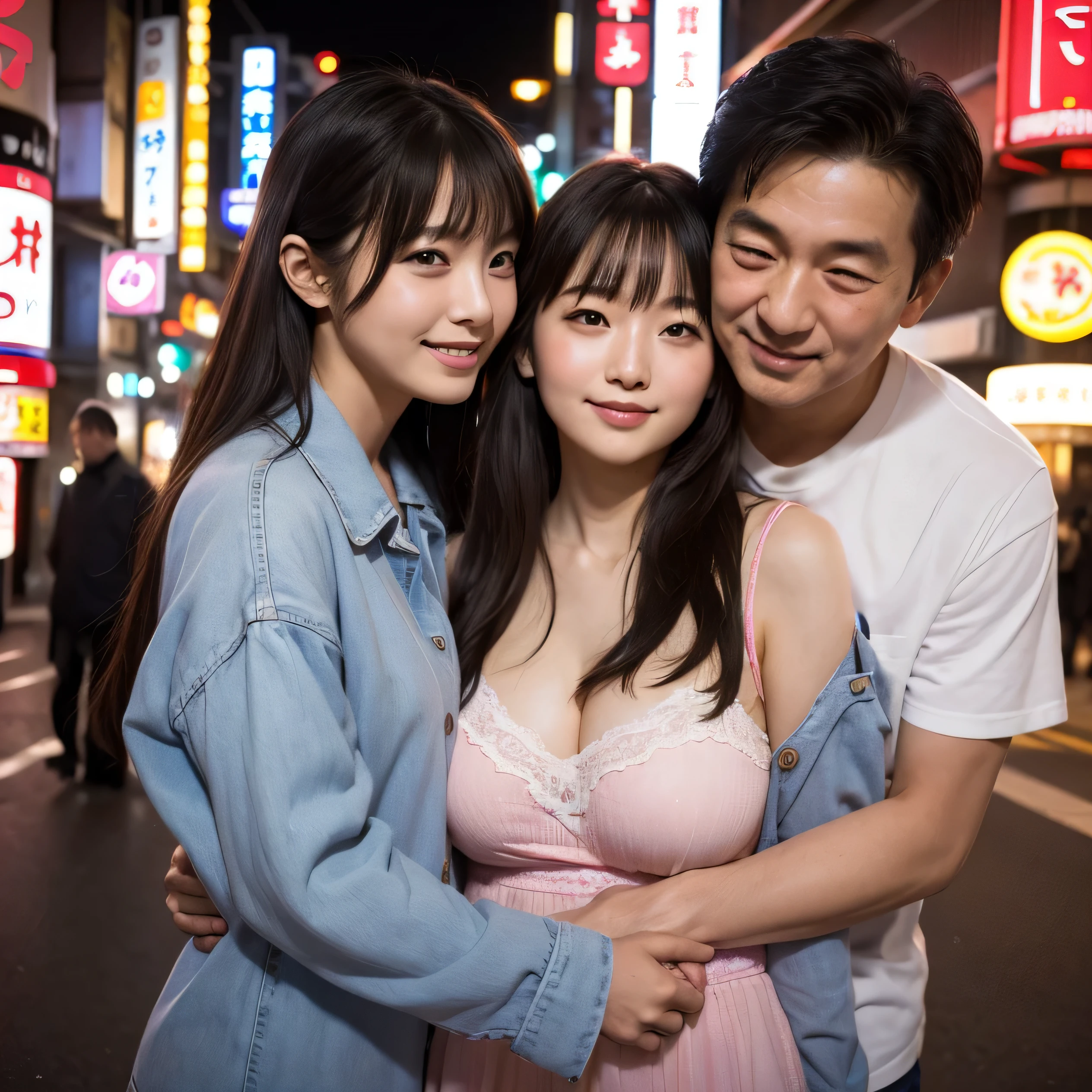 High resolution、High resolution、High detail、masterpiece、Realistic Skin,、Almost exactly)、(Man and woman standing together)、Man hugging woman's shoulder、((20 year old cute Japan woman_Gal_E Cup、80 year old Japanese grandfather))、((whole body_From head to toe))、In front of a love hotel in Kabukicho、The street is lined with love hotels、night、