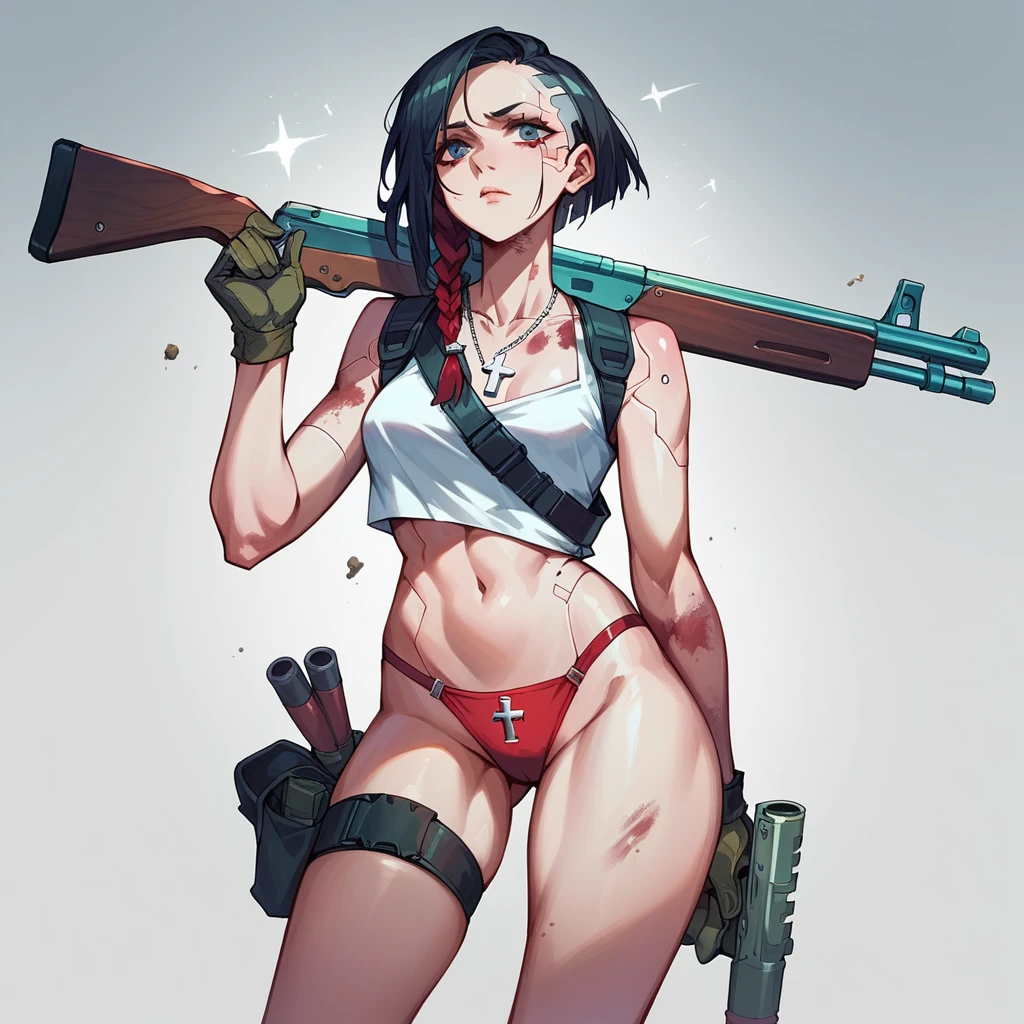 girl, braided black hair, silver necklace with cross pendant, mechanic glove on the left hand, faded red, low-cut white top, red panties, arms and legs with dirt stains, shotgun in the right hand, cyberpunk image style