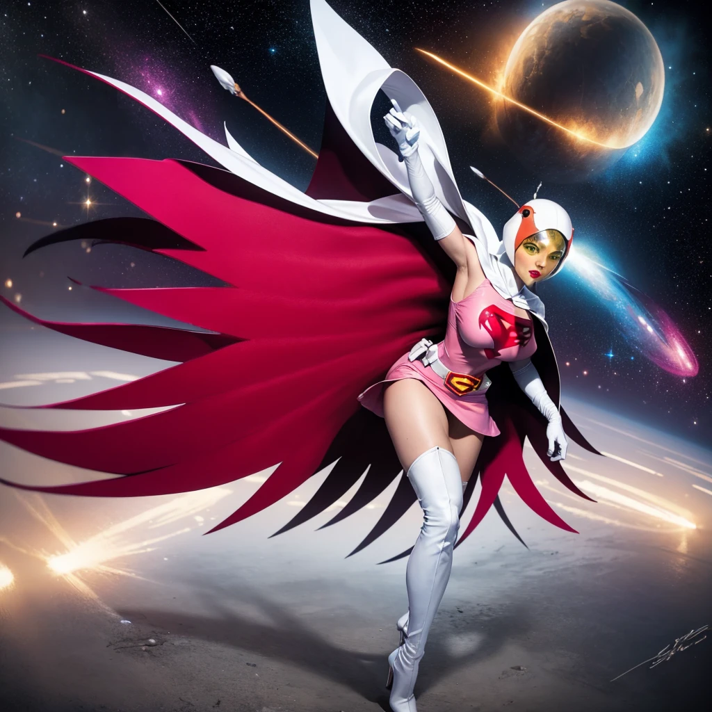 ANI_CLASSIC_jun_gatchaman_ownwaifu,1girl, 15yo,good anatomy, masterpiece, best quality,realistic, hyperrealistic, 16k hdr, long hair,breasts,green eyes,lips,large breasts,lipstick,makeup,gloves,cape,helmet,belt,elbow gloves,white gloves,mask,ultra miniskirt,leotard,spacesuit,white tight overknee highheels boots,pink dress,superhero,bodysuit,cleavage,erected nipples,(sexy pose,front view),(spread legs:1.1),cameltoe