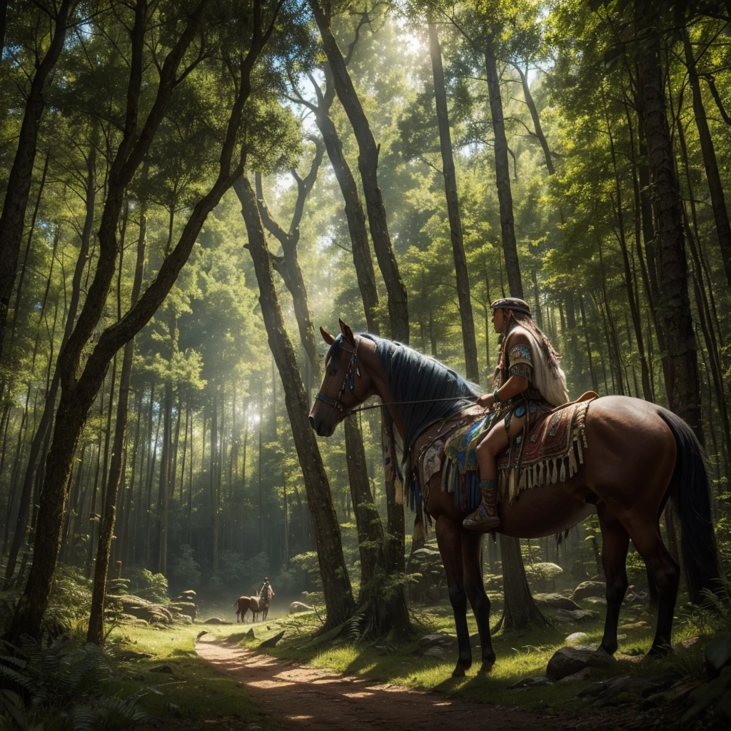 indigenous shaman bonding with his sacred horse in an ancient mystical forest, magical scene, exquisitely detailed, hdr, 4k