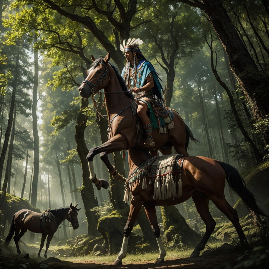 indigenous shaman bonding with his sacred horse in an ancient mystical forest, magical scene, exquisitely detailed, hdr, 4k