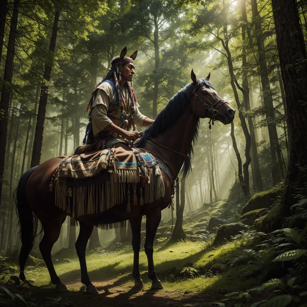 indigenous shaman bonding with his sacred horse in an ancient mystical forest, magical scene, exquisitely detailed, hdr, 4k