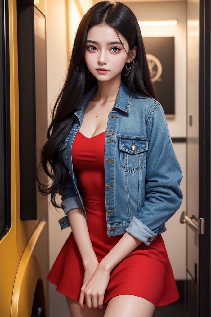 high qualiy, Woman, Youngh, 19 years old, skin black, curry hair, beautiful golden eyes, wearing a red dress, with a light blue denim jacket.