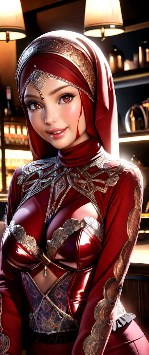 a beautiful woman in her prime wearing a red pvc corset lingerie, hijab, posing for a picture in an elegant coffee shop, excited expression, detailed facial features, intricate patterns on the lingerie, shiny materials, high quality lighting, photorealistic, 8k, ultra-detailed