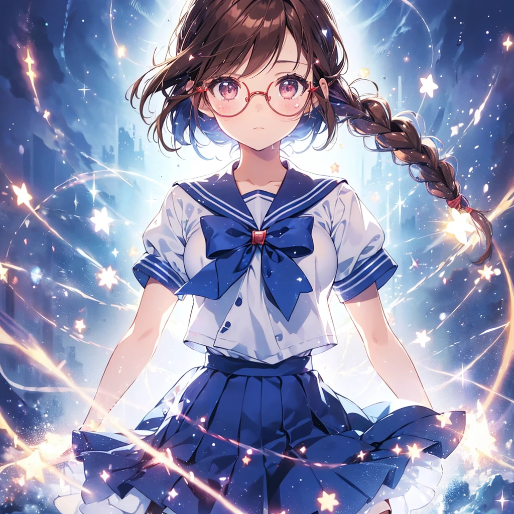 1girl, magical girl, transformation scene, glasses, brown eyes, long brown hair in single braid, sailor uniform with blue collar and skirt, red neckerchief, ((shimmering light particles:1.2) enveloping the girl's body), (large breasts), large buttocks, voluptuous, bright beams of light in the background