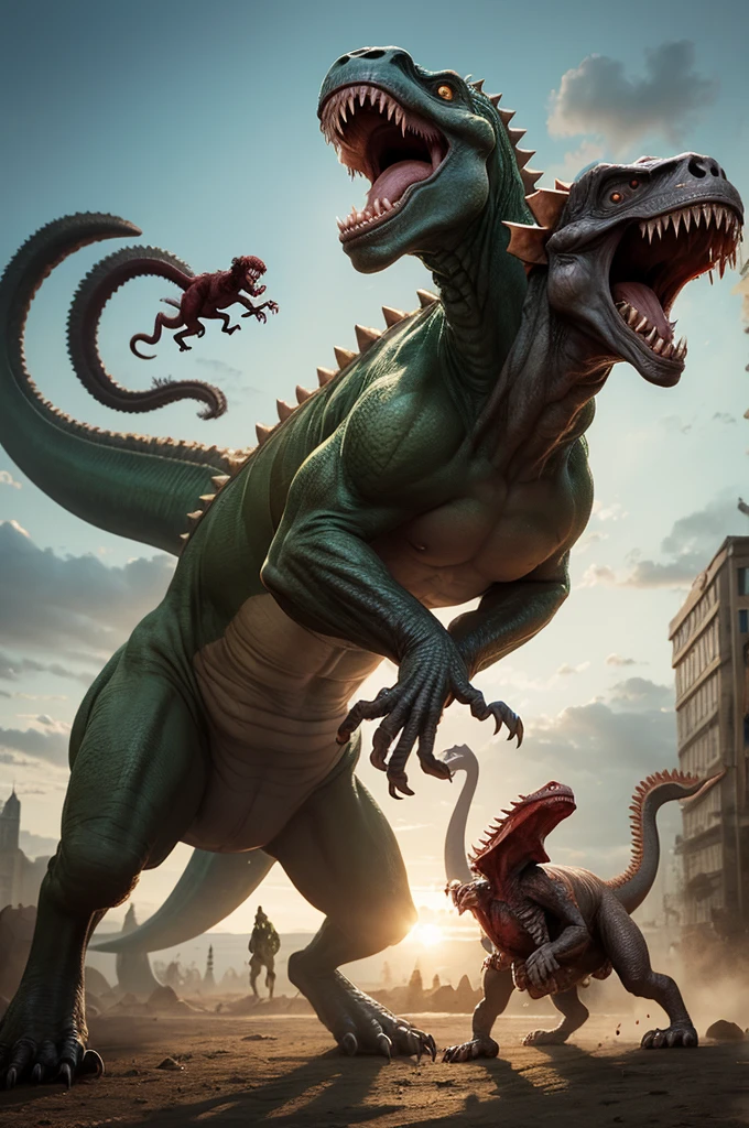 A monkey riding a dinosaur fighting a crazy zombie