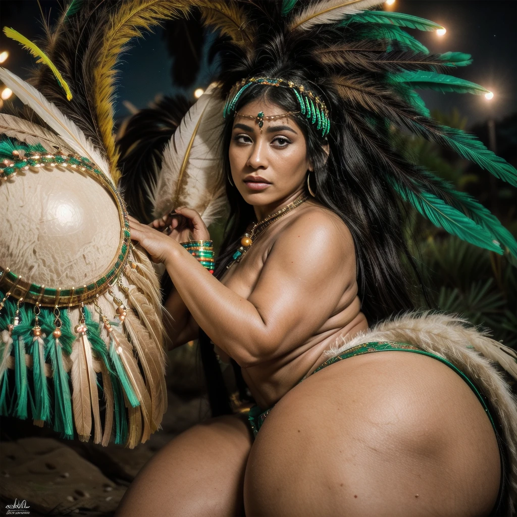 Beautiful Cherokee Indian woman with beautiful emerald headdresses, blackw, doradas, cobre, Pearl, white and beige, feathers made of bright neon of various colors, flares on camera, bokeh, full moon night
