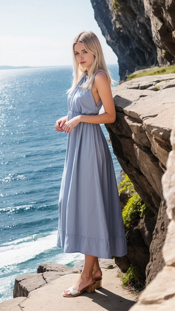 A beautiful European girl, with crepe de chine dress, sky blue dress, standing on the edge of the cliffs. She is 24 years old, He has white hair and gray eyes. Her clothes are elegant and her overall appearance is impressive... The girl&#39;s face is extremely detailed with beautifully detailed lips.. His skin is anatomically correct with realistic textures.. The image must have very high details and be of the best quality., with a resolution of 8k. The end result must be a masterpiece, showing the beauty of the girl and the vibrant atmosphere of the ocean and cliffs.