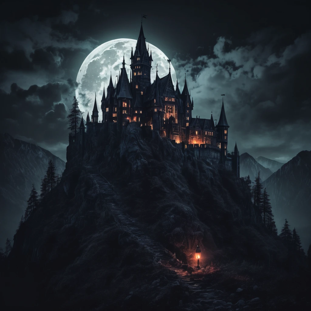 Dark gothic castle on mountain night horror