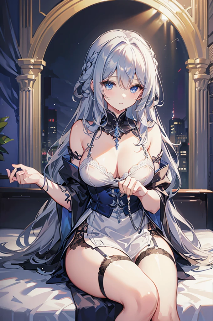 A woman with silver hair and blue eyes、Long, fluffy wavy hair、Braiding、lingerie dress、garter belt、race、Classy and elegant、Sitting on the bed