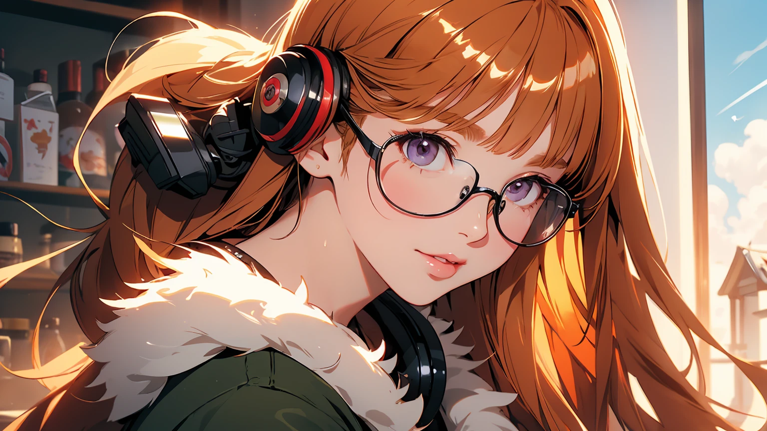 masutepiece, Best Quality, hight resolution, 1girl in, futaba sakura, Blunt bangs, eye glassesの, Burakku Frame Eyewear, Ahoge,orange color hair、  purple eyes、 eye glassesの, headphones, bura, Jacket, off shoulders, Fur trim, fur-trimmed jacket, Green jacket, Shorts, ,the golden hour,A smile that showed teeth、1black cat、tea shop、On the counter、Coffee、futaba sakura、Purple eyes、orange color hair、eye glasses、,​masterpiece、top-quality、Official art、illustratio、ligne claire、(Cool_Farbe)、perfect-composition、focal、acurate, Anatomically correct、 、hight resolution, Beautiful detailed glow, masutepiece*Portrait, 3D Face, Realistic, (masutepiece: 1.3), (max resolution: 1.2), (Ultra HDTV: 1.2), cinematric light, 8K resolution, phi ,​masterpiece、top-quality、Ultra Detail、(((shiny lips: 1.4)))Beautiful face, acurate, Anatomically correct, phiAlways detailed face and skin texture, Detailed eyes, Double eyelids, tThin eyebrows、 pale skin, Lustrous skin all over the body, Perfect face,Always detailed face and skin texture, Detailed eyes, Double eyelids, Thin eyebrows,Natural cheeks, Glossy skin, Fair skin: 1.2, (Glossy lips: 1.4), (((The most beautiful girl)))、(((beautiful a girl)))、（little blush）、（Beautiful face）、 Delicate and beautiful hair, Delicate and beautiful eyes and face, (Beautiful gorgeous cute western woman:1.3),)(((Very Beautiful face))))(((long lashes))))(((Circular twinkling eyes)))(((Glossy and glossy lips))) (((Cheeks with a slight reddish tinge:0.8)))(((Neat and straight nose bridge)))、(((Cowboy Shot)))crouching cowgirl,