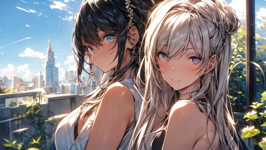 Pretty girl, silver hair, wide, messy hair, shiny hair, Listening to music, A sunny day, auricular