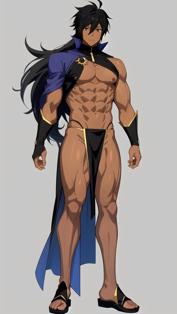 Anime style,Full body,male,dark skin,Two-tone hair,Abdominal muscles,wizard,Minimalist background