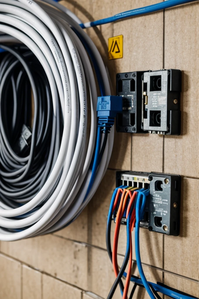 Intertwined cables at the end of the cables a plug, some letters that say electrical solutions and installations