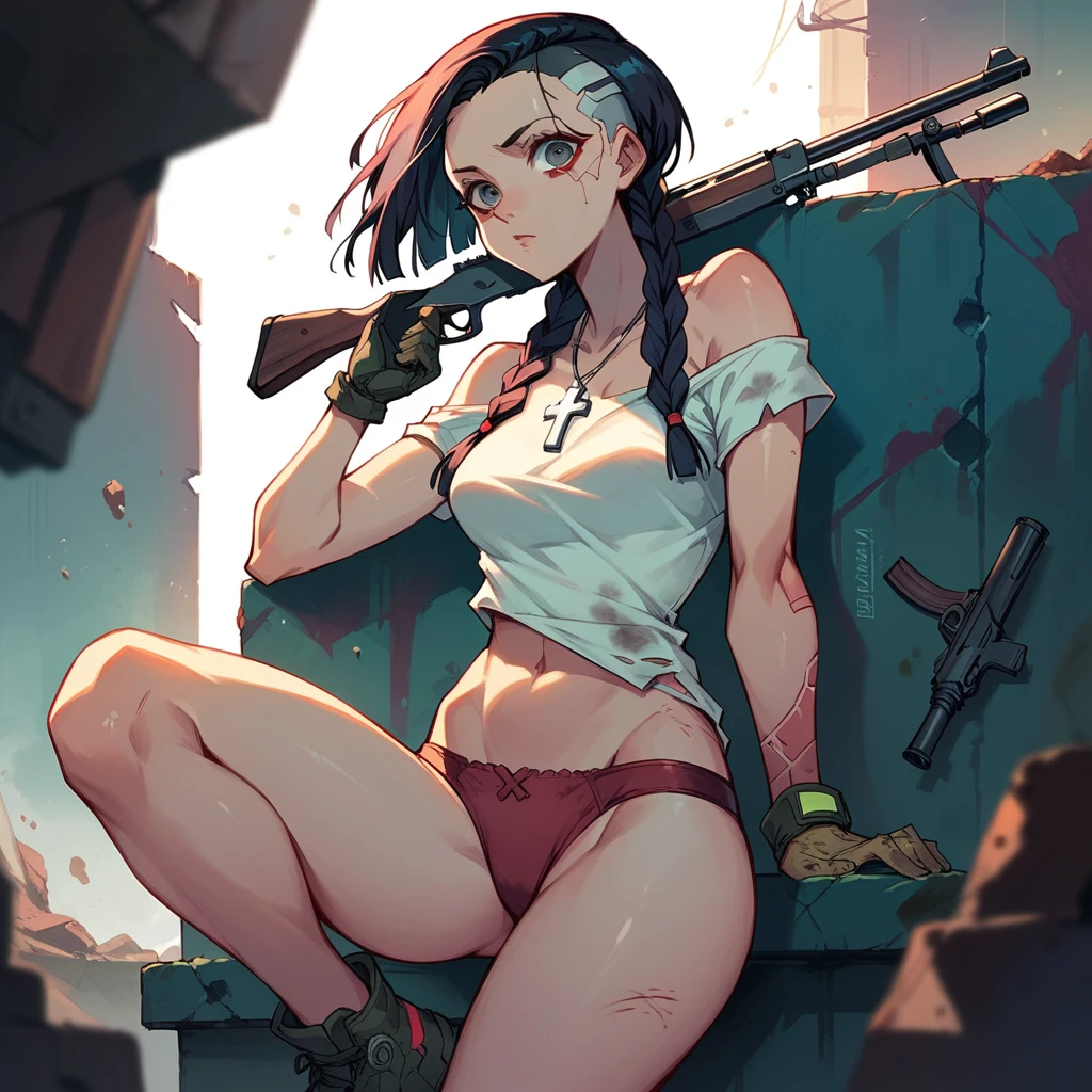 girl , braided black hair, silver necklace with cross pendant, mechanic glove on the left hand, faded red, low-cut white top, red panties, arms and legs with dirt stains, shotgun in the right hand, cyberpunk image style
